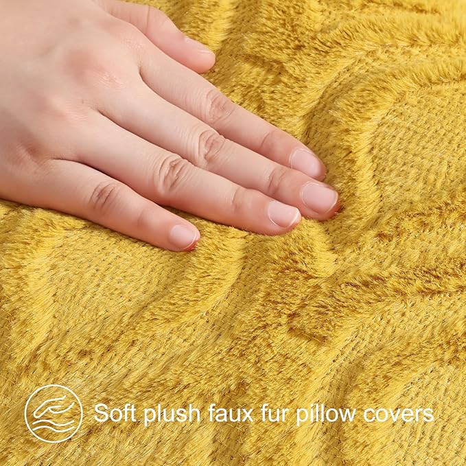 decorUhome Summer Throw Pillow Covers 18x18 Inch Set of 2, Soft Plush Faux Wool Mustard Yellow Solid Couch Pillow Covers, Accent Farmhouse Neutral Square Pillow Cases for Sofa Bed Living Room