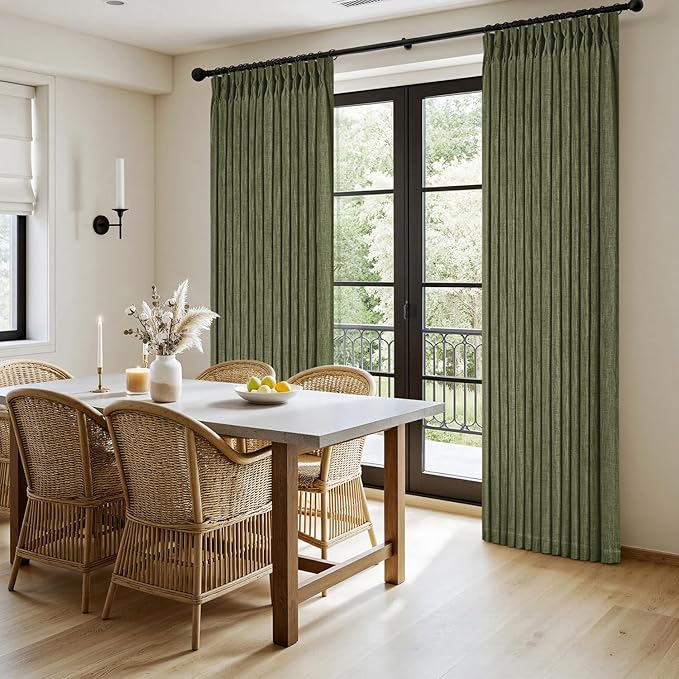 MIULEE Olive Green Pinch Pleated Linen Curtains 90 Inches Long 2 Panels for Living Room Bedroom, Linen Texture Memory Trained Drapes Pleat Back Tab Semi Sheer Moss Green Window Curtains with Hooks