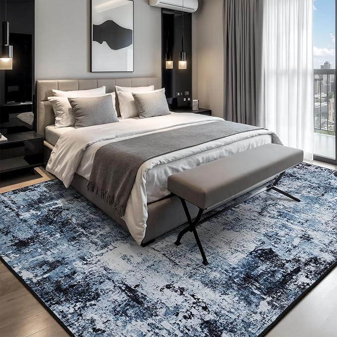 Rugflix 9x12 Area Rugs for Living Room, Washable Large Rug Stain-Resistant Low Pile, Modern Dark Carpet for Dining Room Home Office Kid Room Nursery Bedroom, Navy Blue/Black