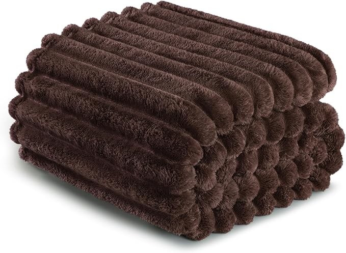Exclusivo Mezcla Fleece Throw Blanket for Couch, Super Soft Striped Jacquard Bed Blanket, Lightweight Fuzzy Cozy for All Seasons, 50x60 Inches, Coffee