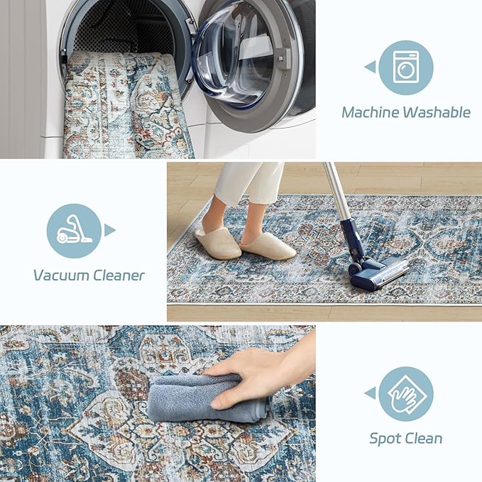 Madane Runner Rug 2'6''x8' Kitchen Runner, Hallway Runner Printed Vintage Washable Rugs Soft Non-Slip Low Pile Runners for Hallways Laundry Room Distressed Floor Carpet, Navy