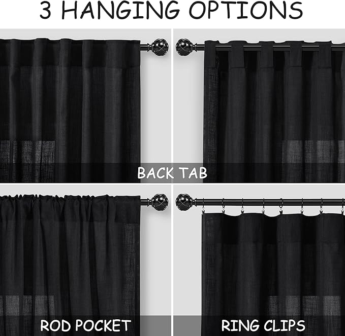 Nanspring Black Linen Textured Curtains for Living Room 60 Inches Long 2 Panels Set Back Tab Rod Pocket for Bedroom Kitchen Short Semi Sheer Light Filtering Protect Privacy Window Drapes W52xL60