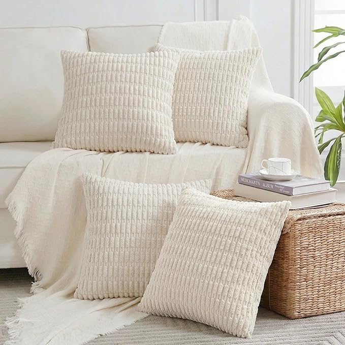 Fancy Homi 4 Packs Boho Cream Decorative Throw Pillow Covers 22x22 Inch for Living Room Couch Bed Sofa, Rustic Modern Farmhouse Home Decor, Soft Plush Corduroy Beige Cute Square Cushion Case 55x55 cm