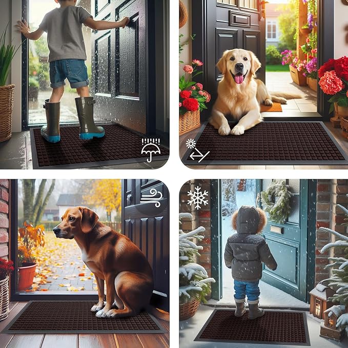 Smiry Front Door Mat Outside Entrance, Heavy Duty Natural Rubber Doormat, Non Slip, Trap Dirt and Moisture, Easy Clean, Low Profile Welcome Floor Mats for Indoor Outdoor Entry, 59x34 Inch, Brown