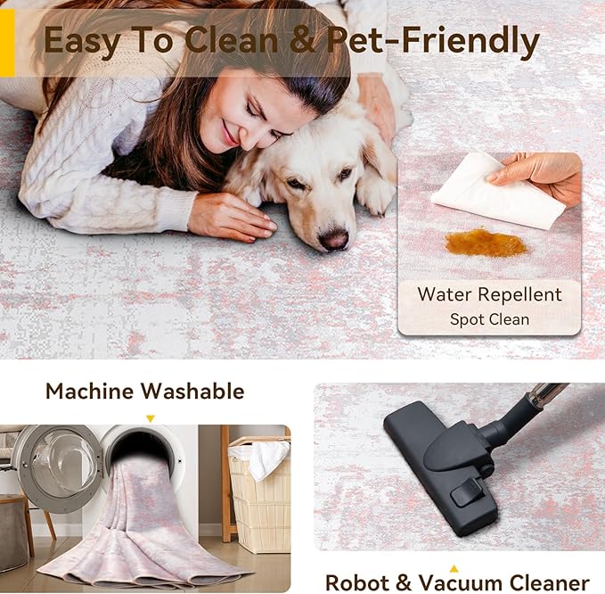 Washable Area Rugs 3'x5' Non-Slip Modern Abstract Soft for Living Room Entryway Bedroom Nursery, Print Pattern, Grey Pink