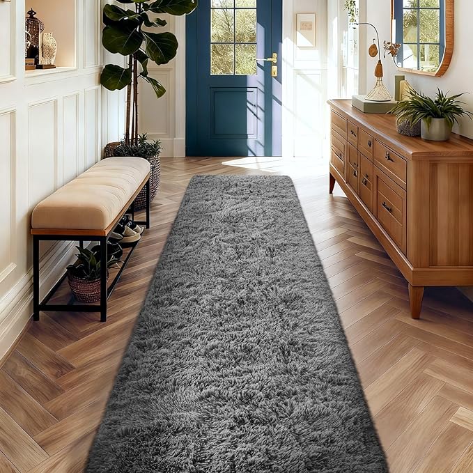 Ophanie 2x10 Runner Rug for Hallway, Upgrade Non-Slip Fluffy Soft Bedside Rugs, Bedroom Living Room Grey Shaggy Gray Carpet for Kids Girls Boys Dorm Nursery Home Decor Aesthetic