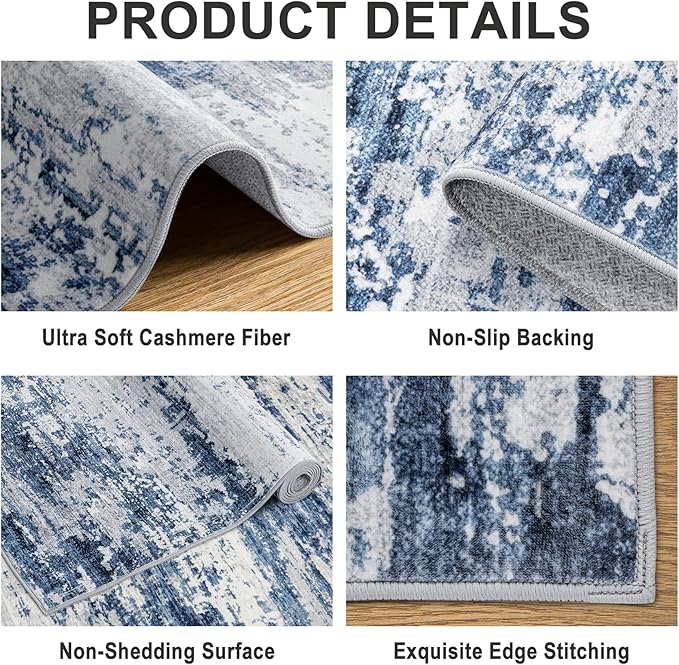 8x10 Area Rugs for Living Room - Washable Rug Modern Abstract Soft Large Neutral Non-Slip Carpet Indoor Floor Thin Carpets for Bedroom Dining Room Farmhouse Nursery Home Office Blue Gray