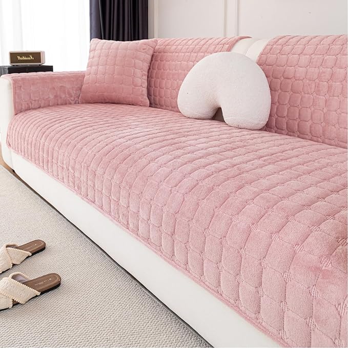 Velvet Couch Cover, Washable Sectional Sofa Cover, Anti Slip Sofa Slipcover for 3 Cushion Couch Sofa L Shaped Armrest Backrest, Furniture Protector Covers for Pets Kids(1PC,Pink,36"×47")