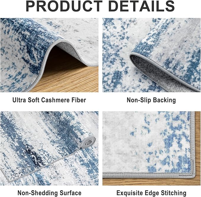 Area Rugs 10x12 Living Room - Washable Rug Modern Abstract Soft Large Neutral Non-Slip Carpet Indoor Floor Thin Carpets for Bedroom Dining Room Farmhouse Nursery Home Office White Blue Grey