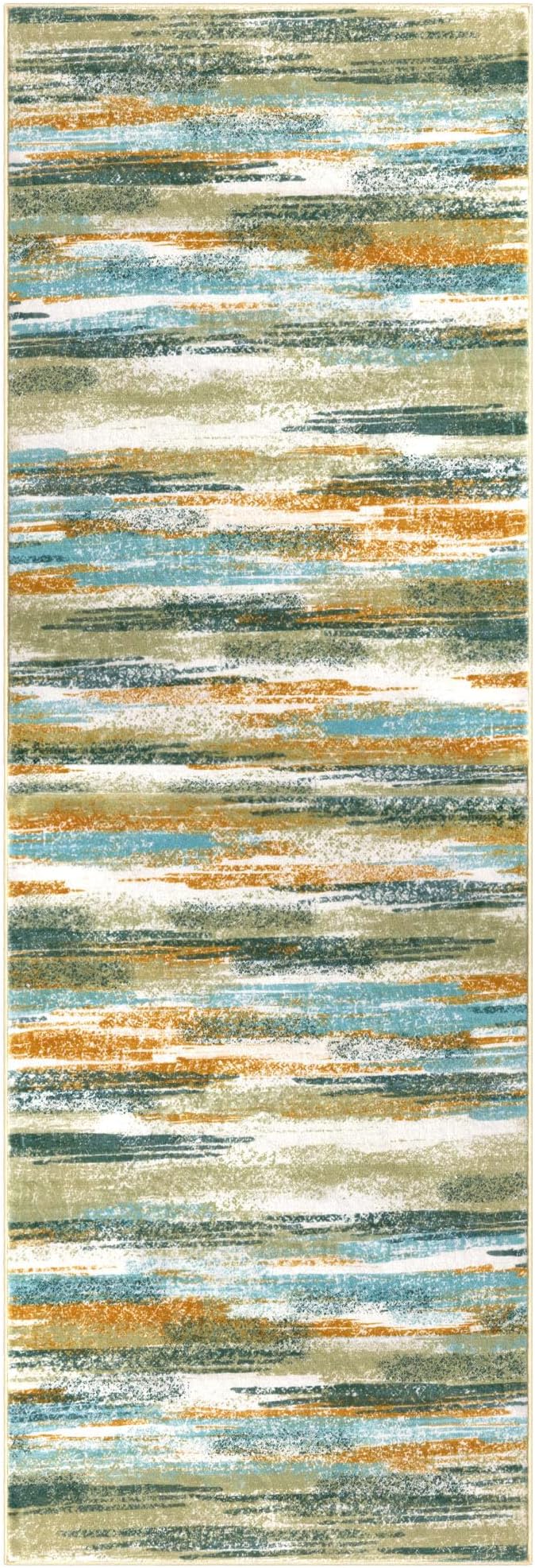 Lansny Modern Abstract Runner Rug 3x8, Green Mustard Multi Washable Kitchen Runner Non-Slip Soft Hallway Rug Runner Thin Print Faux Wool Carpet for Entryway Bedroom Laundry Room Indoor Home Office