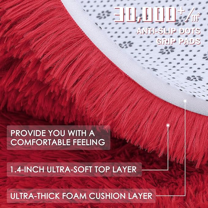 OLANLY Red Round Rugs for Bedroom - Machine Washable, 5 ft Circle Area Rugs for Living Room, Soft and Fluffy Shaggy Carpet for Teen Girls and Boys, Nursery Rooms, Dorms, Home Decor Aesthetic