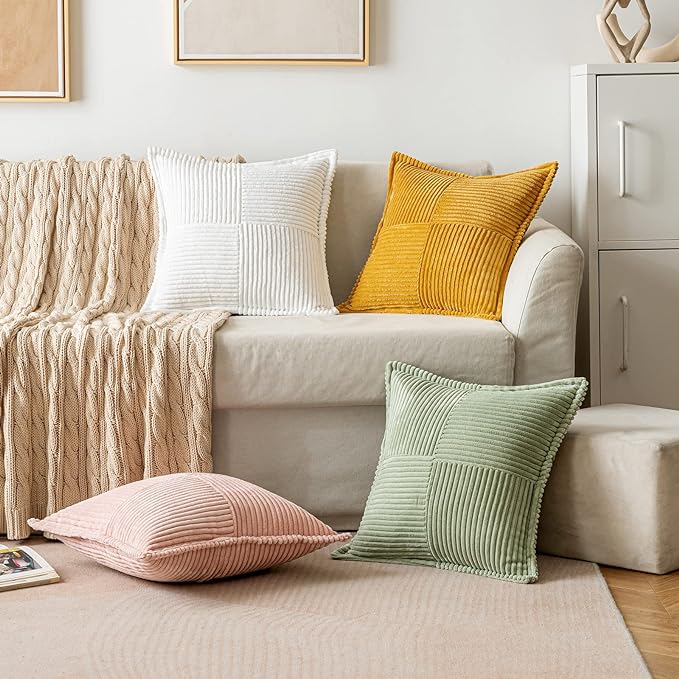 MIULEE Decorative Throw Pillow Covers for Couch Bed Livingroom 16x16 Inch Set of 2 White Boho Accent Throw Pllows Broadside Striped Patchwork Soft Corduroy Pillowcases