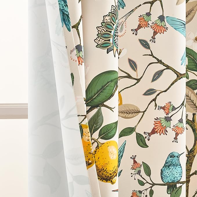 Topfinel 54 Inches Long Blackout Curtains for Cafe Kitchen Beige Vintage Grommet Room Darkening Luxury Floral Lemon Hummingbird Patterned Waverly Colorful Drapes for Living Room Bedroom