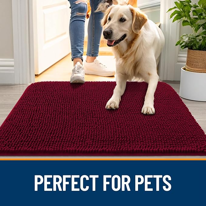 OLANLY Dog Door Mat for Muddy Paws 70x32, Absorbs Moisture and Dirt, Absorbent Non-Slip Washable Doormat, Quick Dry Chenille Mud Mat for Dogs, Entry Indoor Entryway Carpet for Inside Floor, Burgundy