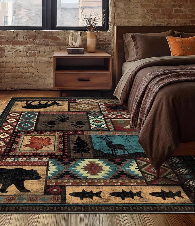 YIHOUSE Rustic Cabin Area Rug 5x7,Machine Washable Lodge Bear Rug,Non-Slip Low Pile Print Pattern Southwestern Rug for Living Room Bedroom