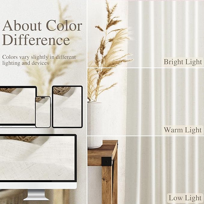 Nanspring Cream Linen Blend Light Filtering Curtains 82 Inch Length 2 Panel Set Pocket Back Tab Privacy Semi Sheer Decorative Decor Curtain Drapes for Bedroom Living Room 52x82 Inches Long