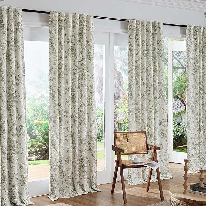 jinchan Blackout Floral Curtains for Living Room Bedroom Linen Blend Curtain Farmhouse Green Printed with Lined Back Tab Rod Pocket Drapes Window Treatments 2 Panels 90 Inch