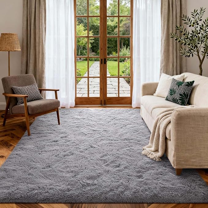 4x6 Ft Shag Rugs for Bedroom Living Room, Ultra Soft Fluffy Furry Area Rugs for Indoor Floor, Aesthetic Carpet for Kids Home Decor (Light Grey)