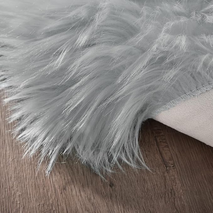Goolela Grey Fluffy Fuzzy Furry Rug 2x6 for Bedroom Bedside Runner Faux Sheepskin Fur Shaggy Soft Plush Rectangle