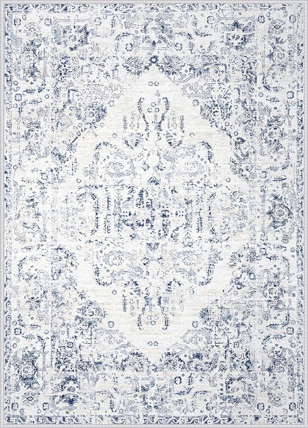 9x12 Area Rugs for Living Room: Washable Rug Vintage Large Rugs Soft Non Slip Low Pile Rug Floral Distressed Floor Carpet for Bedroom Dining Room Home Office (Blue,9'x12')