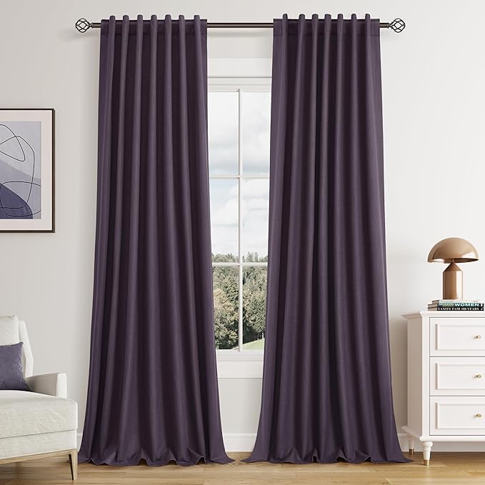 Guken 100% Blackout Curtains 102 Inch Length 2 Panels Set for Living Room Bedroom Back Tab Thermal Insulated Black Out Linen Drapes Room Darkening Window Curtains 102 Inches Long,Plum