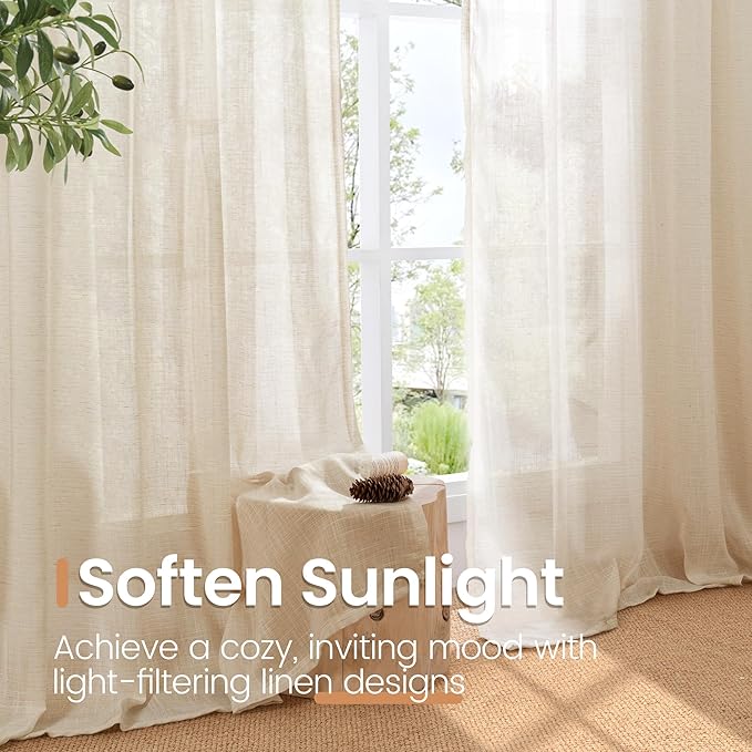 BGment Natural Linen Curtains 96 Inches Long for Living Room - Burlap Semi Sheer Window Drapes with Rod Pocket Light Filtering for Farmhouse Bedroom Lightweight, 2 Panels, 52 Inch Wide Each Panel