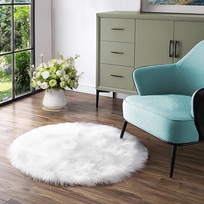 Latepis White Round Rug 3ft Faux Sheepskin Fur Fluffy Circle Rugs for Living Room Washable Rug for Bedroom Teen Room Dorm Cute Room Rug