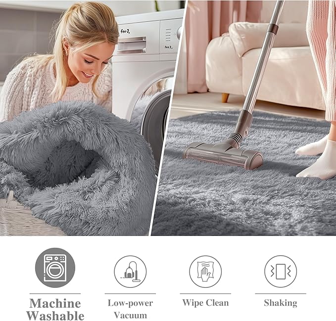 OLANLY Light Grey Round Rugs for Bedroom - Machine Washable, 7 ft Circle Area Rugs for Living Room, Soft and Fluffy Shaggy Carpet for Teen Girls and Boys, Nursery Rooms, Dorms, Home Decor Aesthetic