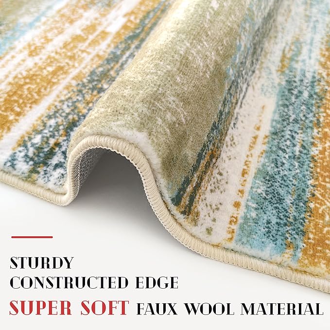 Lansny Modern Abstract Runner Rug 2.6x18, Green Mustard Multi Washable Long Kitchen Runner Non-Slip Soft Hallway Rug Runner Thin Print Faux Wool Carpet for Entryway Bedroom Laundry Room Indoor
