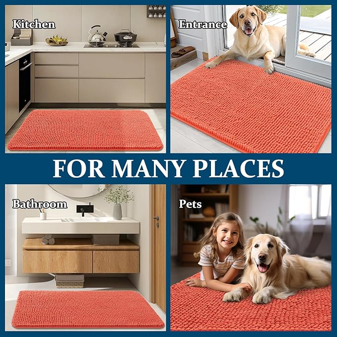 OLANLY Dog Door Mat for Muddy Paws 70x35, Absorbs Moisture and Dirt, Absorbent Non-Slip Washable Doormat, Quick Dry Chenille Mud Mat for Dogs, Entry Indoor Entryway Carpet for Inside Floor, Coral