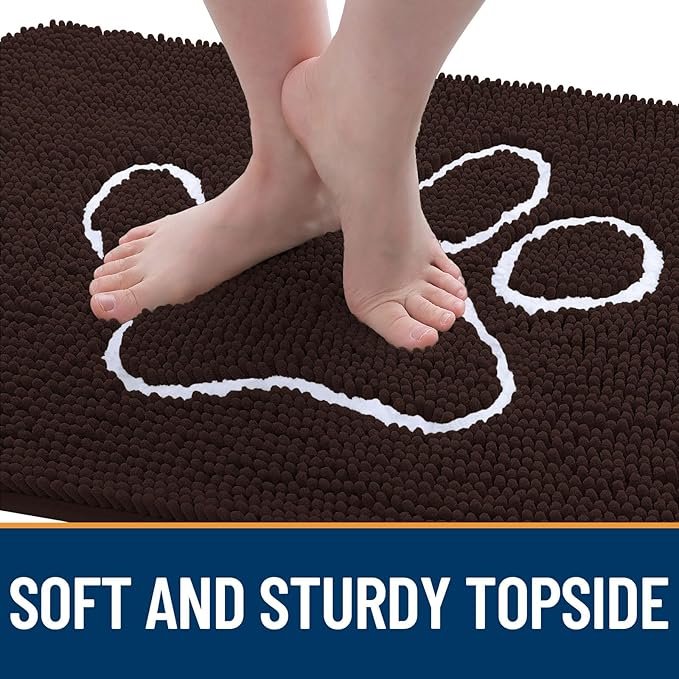 OLANLY Dog Door Mat for Muddy Paws 59x20, Paw Print Design, Absorbs Moisture and Dirt, Absorbent Non-Slip Washable Doormat, Quick Dry Chenille Mud Mat for Dogs, Entry Indoor Entryway Carpet, Brown