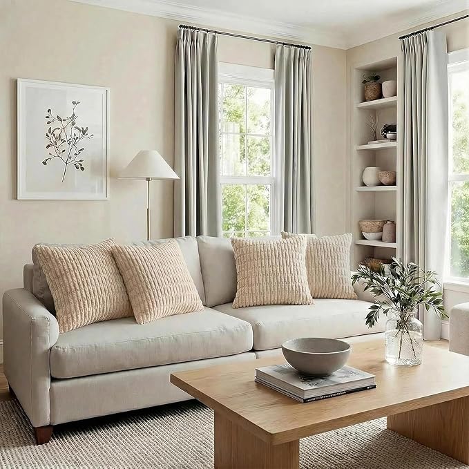 Fancy Homi 4 Packs Tan Decorative Throw Pillow Covers 26x26 Inch for Living Room Couch Bed Sofa, Beige Rustic Farmhouse Boho Home Decor, Soft Plush Striped Corduroy Square Cushion Case 66x66 cm