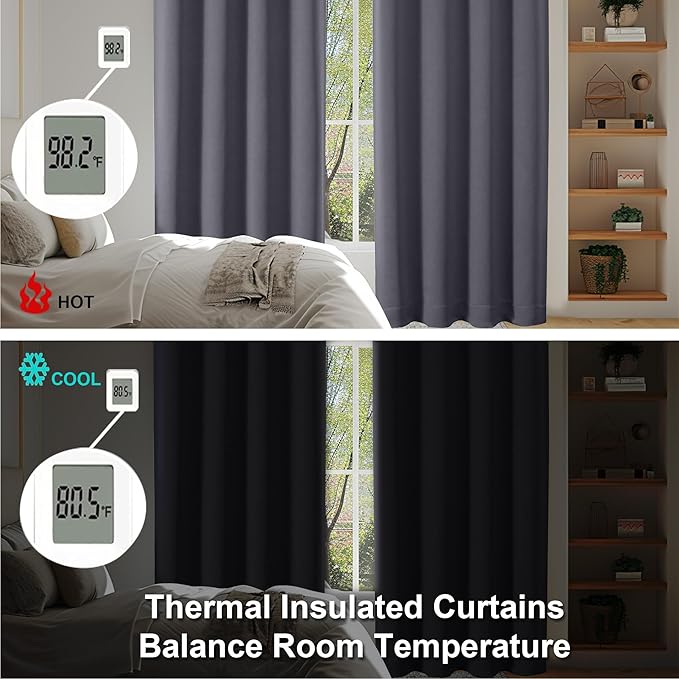 Simplebrand Ava Grey Blackout Curtains for Bedroom 63 Inch Length 2 Panels Set, Solid Thermal Insulated Energy Saving Rod Pocket Window Treatment Curtains Blackout Drapes, W40 x L63 Inch, Grey