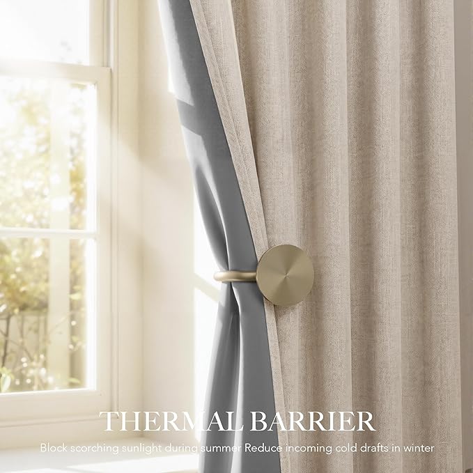 RYB HOME Warm Sand 100% Blackout Curtains for Bedroom, Linen Drapes Back Tab&Rod Pocket, Thermal Insulated Privacy Assurd Curtains for Sliding Glass Doors/Dining/Living Room, W52 x L84, 2 Panels