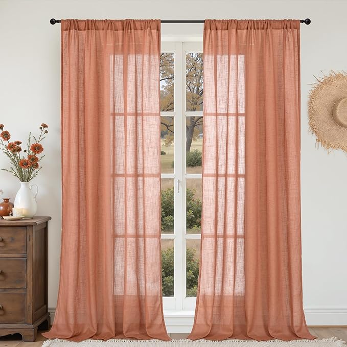 BGment Extra Long 108 Inch Length Curtains for Living Room Windows, Linen Terracotta Drapes Rustic Textured for Bedroom Decor with Rod Pocket Semi Sheer Lightweight, 2 Panels Set, Each 52 Inch Wide
