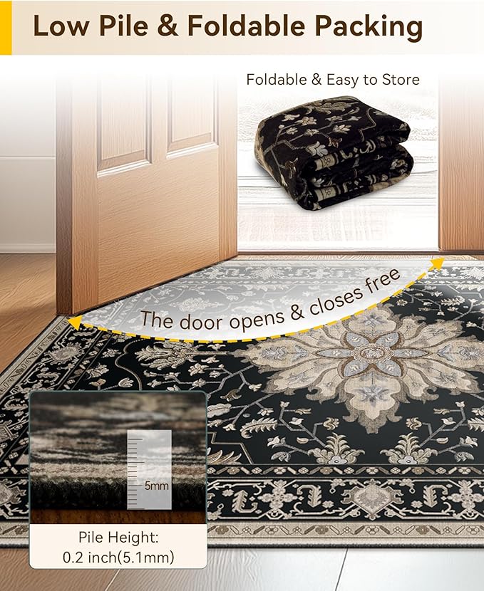 RELEANY Area Rugs 3'x8' Runner Rug Non Slip Washable for Kitchen Hallway Bedroom Beside Laundry Room Bathroom Rug, Floor Carpet, Black Brown Neutral Dark Tan