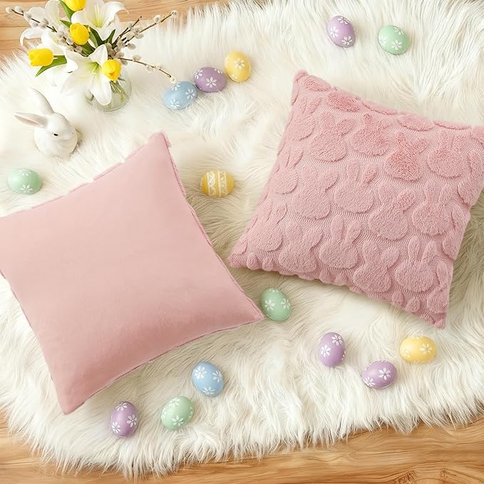 decorUhome Easter Bunny Pillow Covers 20x20 Inch Set of 2, Soft Plush Faux Wool Jacquard Pink Rabbit Cushion Covers, Farmhouse Neutral Spring Easter Holiday Decor for Couch Sofa Bed