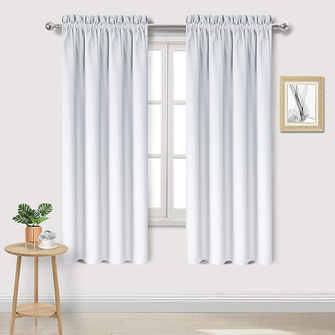 DWCN Greyish White Room Darkening Blackout Curtains - Rod Pocket Thermal Insulated Privacy Energy Saving Window Curtain Drapes 42x 72 inch Length, Set of 2 Bedroom Living Room Curtains