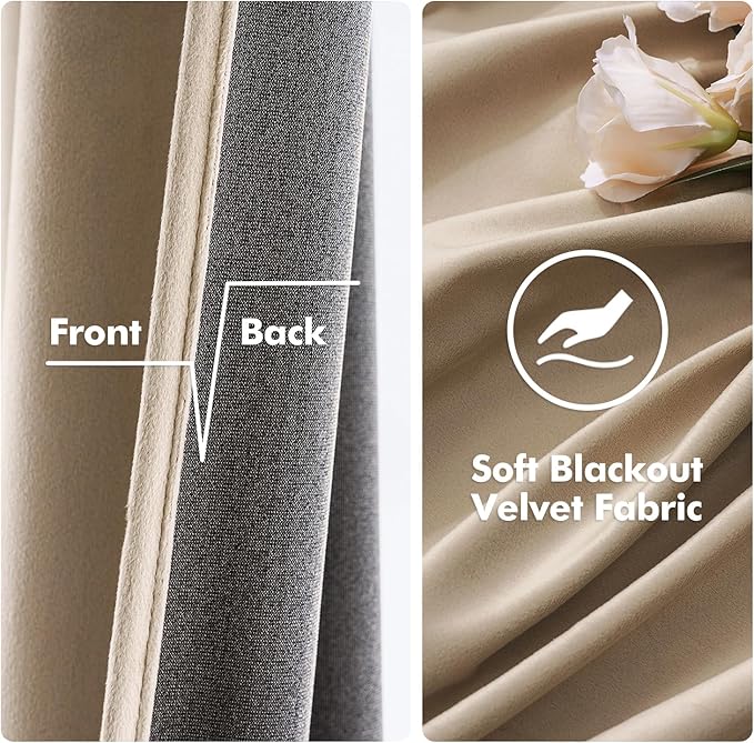 MIULEE 2 Panels Blackout Velvet Curtains Solid Soft Grommet Camel Beige Curtain Thermal Insulated Soundproof Room Darkening Black Out Curtains/Drapes/Panels for Living Room Bedroom 52 x 108 Inch