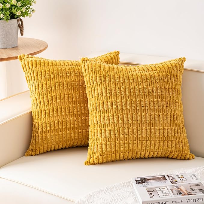Pack of 2 Corduroy Decorative Throw Pillow Covers 22x22 Inch Soft Striped Pillow Covers Modern Farmhouse Home Decor for Sofa Living Room Couch Bed（Yellow）