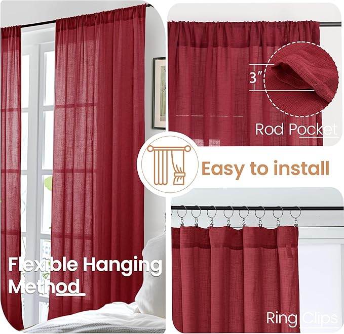 BGment Linen Burgundy Curtains 54 Inch Length for Short Window, Semi Sheer Drapes Lightweight Rustic Textured for Living Room Bedroom with Rod Pocket, 2 Panels Set, Each 42 Inch Wide