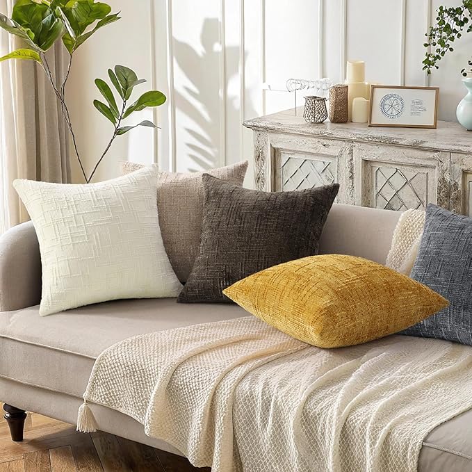 decorUhome Oatmeal Chenille Throw Pillow Covers 20x20 Set of 2 Textured Soft Cozy Slubby Couch Pillow Covers Modern Farmhouse Boho Decorative Pillow Cases for Bed Sofa Living Room