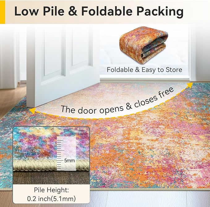 Washable Area Rugs 8'x10' Non-Slip Modern Abstract Soft for Living Room Entryway Bedroom Nursery, Print Pattern, Orange Blue Pink Yellow Colorful