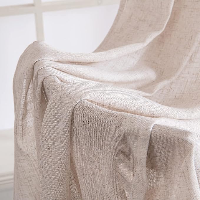 MIULEE Natural White Linen Curtains 48 Inch Length 2 Panels for Bedroom Living Room, Soft Thick Linen Textured Window Drapes Semi Sheer Light Filtering Back Tab Rod Pocket Burlap Look Decor