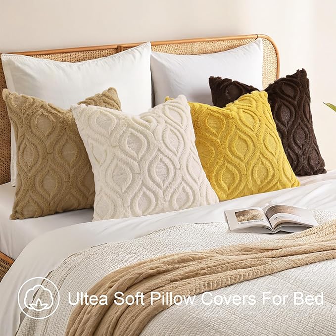 decorUhome Summer Throw Pillow Covers 12x20 Inch Set of 2, Soft Plush Faux Wool Mustard Yellow Solid Couch Pillow Covers, Accent Farmhouse Neutral Rectangle Pillow Cases for Sofa Bed Living Room