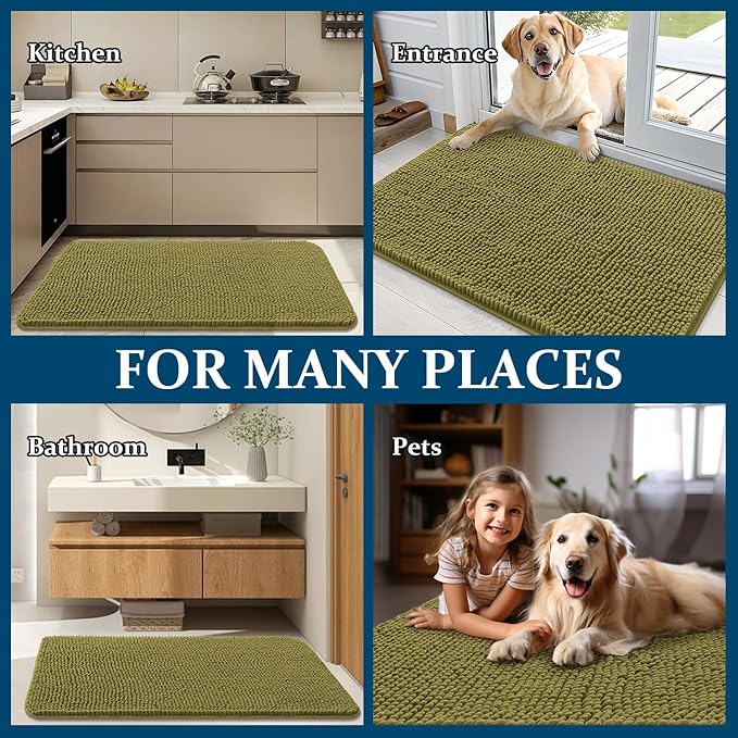 OLANLY Dog Door Mat for Muddy Paws 47x24, Absorbs Moisture and Dirt, Absorbent Non-Slip Washable Doormat, Quick Dry Chenille Mud Mat, Entry Indoor Entryway Carpet for Inside Floor, Willow Green