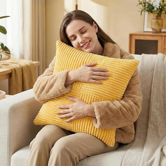 Fancy Homi 2 Packs Yellow Decorative Throw Pillow Covers 18x18 Inch for Living Room Couch Bed, Rustic Farmhouse Boho Home Decor, Soft Corss Corduroy Patchwork Textured Square Cushion Case 45x45 cm