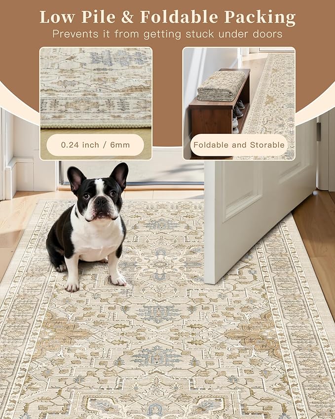 Madane Runner Rugs for Hallway 2x10 Long Washable Non-Slip Hallway Runner Rug Low-Pile Stair Kitchen Runner Soft Throw Carpet for Entrance Living Dining Laundry Room (Beige/Blue, 2 x 10)