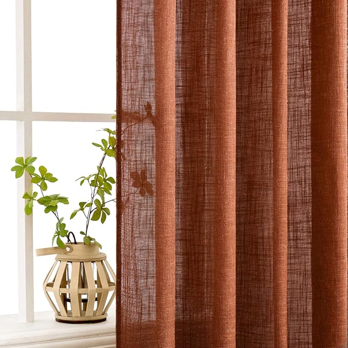 MIULEE Burnt Orange Linen Curtains 90 Inch Long for Bedroom Living Room, Soft Thick Linen Textured Window Drapes Terracotta Rust Boho Fall Decor Semi Sheer Light Filtering Back Tab 2 Panels