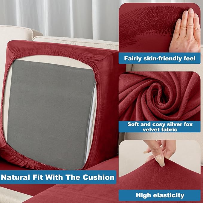 Couch Cover Velvet Chaise Cushion Cover for Sectional Sofas - Elastic L-Shaped Sofa Seat Covers Washable, Slipcover Protector (1-Piece, Christmas Red)